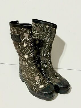 UGG Rubber Tall Rain Boots Women's 7 Black w/Gray&White Multi logo GorpCore